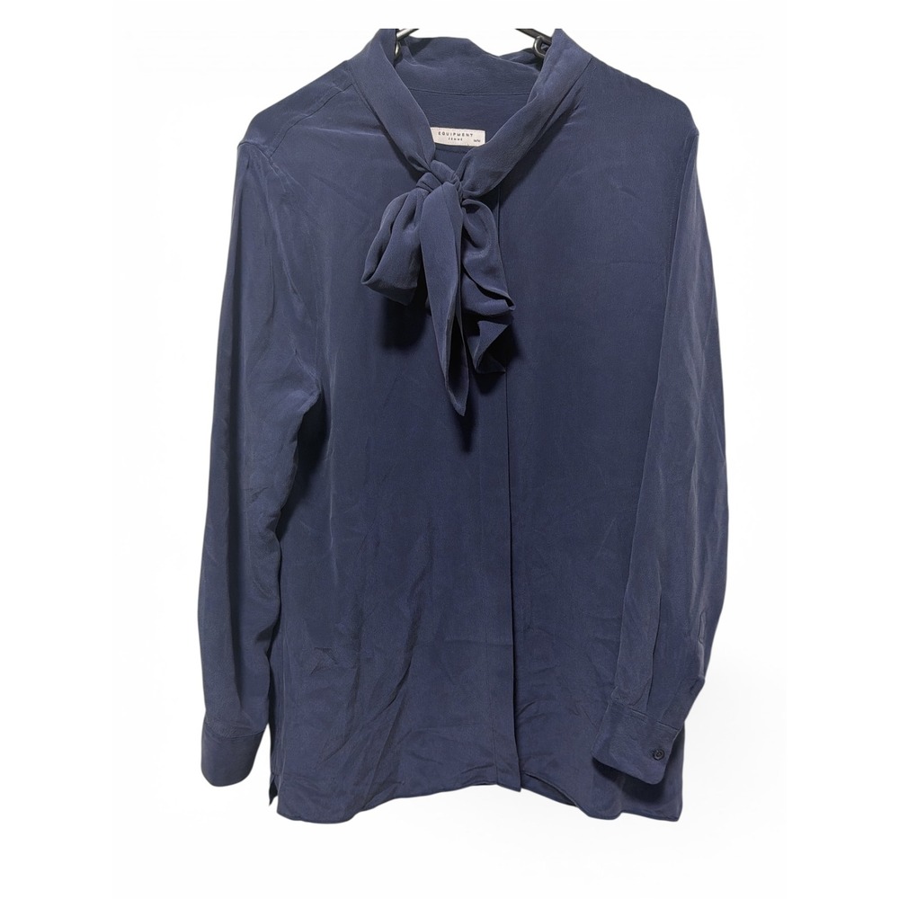 Equipment Femme‎ Navy Blue 100% Silk Tie Neck Long Sleeve Blouse Medium